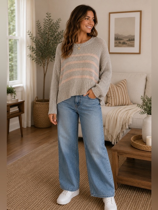 Alya Sweaters - Alya Gray and Pink Striped Women's Sweater